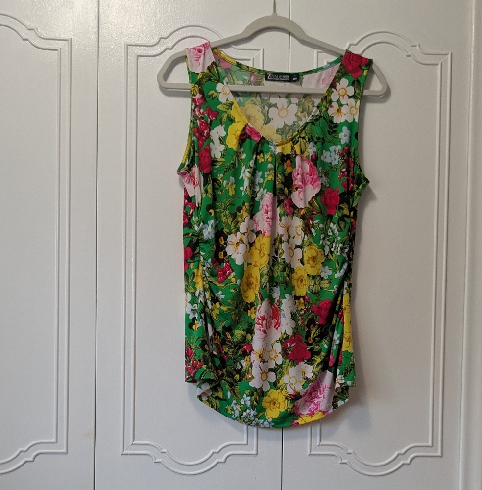 Green and Pink Floral Sleeveless Tank Top